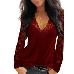 Deep V Neck Lace Trim T-shirt