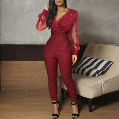 Fashion V-neck Sequined Mesh Jumpsuits Long Sleeve Pocket Long Bodysuits Solid Color Casual Playsuits For Female