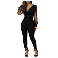 Fashion V-neck Sequined Mesh Jumpsuits Long Sleeve Pocket Long Bodysuits Solid Color Casual Playsuits For Female