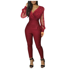 Fashion V-neck Sequined Mesh Jumpsuits Long Sleeve Pocket Long Bodysuits Solid Color Casual Playsuits For Female