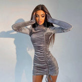 Sequined Pencil Skirt High Neck Slim Long Sleeve Hip Woman Dress Party Shiny Black Drawstring Mini dress Spring NEW