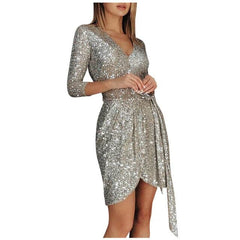 Ladies Elegant Party Dress Fashion Long-sleeved Sequined V-neck 34 Sleeve Lace-up Mini Dress Dress