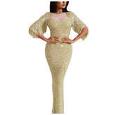 Ladies V-neck long-sleeved tassel dinner dress bag hip dress dress long dresses evening