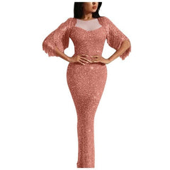 Ladies V-neck long-sleeved tassel dinner dress bag hip dress dress long dresses evening