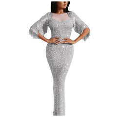 Ladies V-neck long-sleeved tassel dinner dress bag hip dress dress long dresses evening