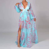 V-Neck Backless Hollow Out Dress Summer Dress Lantern Sleeve Club Party Long Maxi Dresses Tunic Beach Cover Up