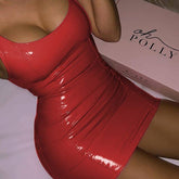 PU Patent Leather Sheath Tank Dress Short Mini Low Cut Slim Latex Nightclub Dresses Bodycon Package Hip Summer