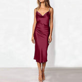 Women's Solid Color Simulation Silk Slim Dress Banquet Halter A Line Mini Dress Wrap Sundress Robe