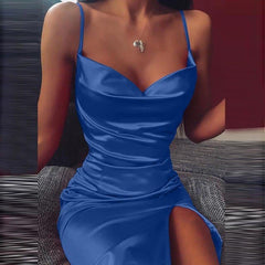 Spaghetti Strap Mini Satin Dress Classic Solid red black Backless Split Bodycon Dress Pleated Stretch Short Club Dres