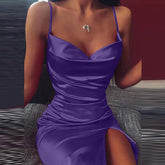 Spaghetti Strap Mini Satin Dress Classic Solid red black Backless Split Bodycon Dress Pleated Stretch Short Club Dres