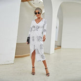 Gingham Dress Linen-blend Checkered V-neck Tie Waist Wrap Side Split Midi Dress Autumn Party Dresses Clothing