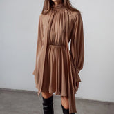 Classic Half High Collar Solid Long-sleeve Chiffon Dresses