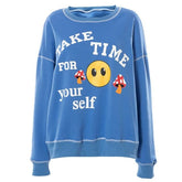 Letter Cartoon Print Hoodies Autumn Winter Cute Blue Sweatshirts Long Sleeve Patchwork Woman Clothes Loose Streetwear Tops