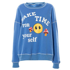 Letter Cartoon Print Hoodies Autumn Winter Cute Blue Sweatshirts Long Sleeve Patchwork Woman Clothes Loose Streetwear Tops