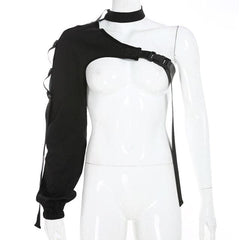 Streetwear Neon Halter Sweatshirt Hoodie Buckle Reflective Smock One Shoulder Sweatshirts Holographic Outwear