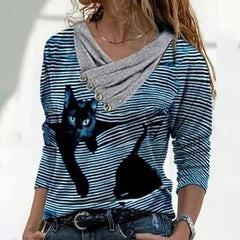 Tunic Vintage Casual Tops Cross V-neck Buttons Printing Long Sleeve Sweaters Top Summer Female T-shirt Female Clothing