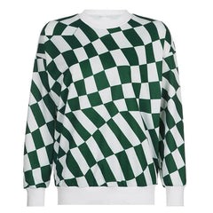 Green Plaid Print Korean Fashion Sweatshirts Autumn Long Sleeve Casual Loose Pullovers Streetwear 2000s Aesthetic