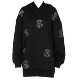 Money Print Baclk Hoodies Loose Long Sweatshirts Autumn Winter Oversized Pullover Hot Female Clothing Casual Fashion Streetwear
