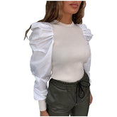 Fashion Round Neck Long Frill Puff Sleeve Casual Solid Colos Blouse Shirt Elegant Slim Ladies Retro Tops