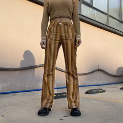 High Waist Casual 90s Jeans Vertical Stripes Print Panelled Vintage Straight Trousers Streetwear Harajuku Long Jeans