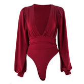 Deep V Neck Bodysuit Puff Sleeve Bodycon Jumpsuit Solid Color Elastic Casual Party Winter Bodysuits Body Tops