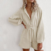Fashion V-Neck Casual Sport Short Rompers Button Down Shorts Bodysuit Linen Drawstring Casual Jumpsuit Overalls