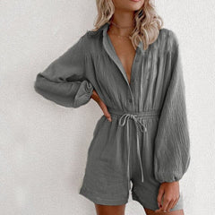 Fashion V-Neck Casual Sport Short Rompers Button Down Shorts Bodysuit Linen Drawstring Casual Jumpsuit Overalls