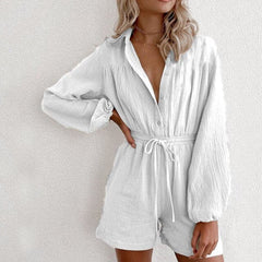 Fashion V-Neck Casual Sport Short Rompers Button Down Shorts Bodysuit Linen Drawstring Casual Jumpsuit Overalls