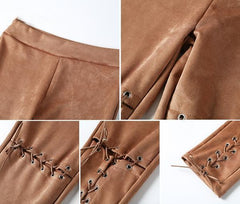 Suede Bodycon High Waist Pants Capris Lace Up Pants
