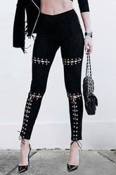 Suede Bodycon High Waist Pants Capris Lace Up Pants