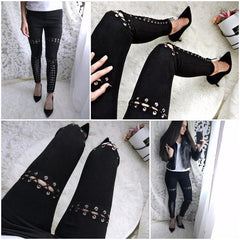 Suede Bodycon High Waist Pants Capris Lace Up Pants