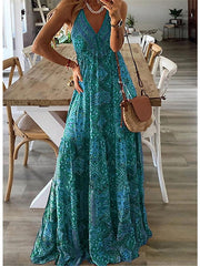 Boho Dress Long Dress Maxi Dress Green Purple Pink Sleeveless Abstract Print Spring Summer V Neck Classic S M L XL for Women