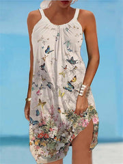 Beach Dress Beach Wear Mini Dress Print Tropical Fashion Butterfly Spaghetti Strap Sleeveless Loose Fit Outdoor Daily Beige Summer Spring S M L XL for Women
