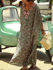 Boho Dress Cover Up Beach Wear Long Dress Maxi Dress Dolman Print Ethnic Casual Floral V Neck 3/4 Length Sleeve Loose Fit Outdoor Daily Green Summer Spring One Size for Women