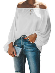 Blouse Patchwork Cold Shoulder Solid / Plain Color Classic Sweet Off Shoulder Lantern Sleeve Regular Spring & Fall Black White Dark Green Green Light Blue for Women