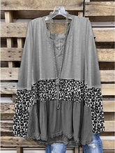 Blouse Gray Leopard Color Block Print Long Sleeve Daily Vacation Basic Casual V Neck Plus Size L for Women