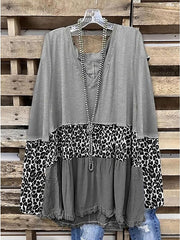 Blouse Gray Leopard Color Block Print Long Sleeve Daily Vacation Basic Casual V Neck Plus Size L for Women