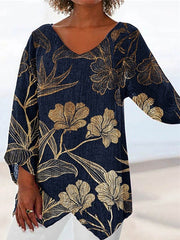 Blouse Black Navy Blue Dark Blue Graphic Floral Print Long Sleeve Daily Going out Basic Vintage V Neck Regular Cotton L for Women