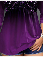 Blouse Purple Color Gradient 3/4 Length Sleeve Vacation Weekend Basic V Neck Cotton Plus Size XL for Women