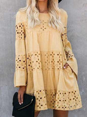 Lace hollow round neck flared sleeve long sleeve dress