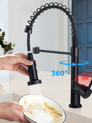 Black Kitchen Sink Mixer Faucet Pull Down, 360° Swivel Spring Vessel Taps with 2 Modes, Single Handle Hole Spring Brass Kitchen Faucets