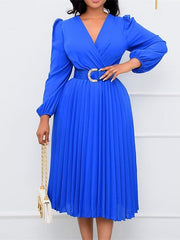 Black Dress A Line Dress Modern Dress Long Dress Maxi Dress Black White Blue Long Sleeve Pure Color Pleated Winter Fall Autumn V Neck Fashion Winter Dress Fall Dress S M L XL 2XL for Women