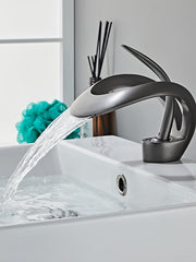 Black Bathroom Sink Mixer Faucet Waterfall Spout, Brass Basin Taps Single Handle One Hole Vessel Bathroom Tap with Hot and Cold Switch Golden Grey Chrome