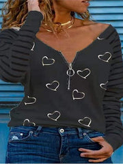 Blouse Pink Khaki Dark Gray Heart Zipper Long Sleeve Daily Going out Casual V Neck Loose Fit S for Women