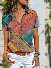 Blouse T shirt Zipper Print Multi Color Tropical Shirt Collar T-shirt Sleeve Regular Spring & Fall Pattern 5 Pattern 7 Pattern 8 for Women