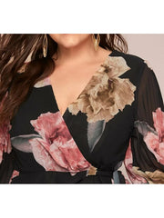 Blouse Black Floral Ruched Print Long Sleeve Work Going out Festival V Neck L for Women