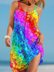 Beach Dress Resort Wear Beach Wear Mini Dress Print Tropical Fashion Rainbow Spaghetti Strap Sleeveless Loose Fit Outdoor Daily Rainbow Blue Summer Spring S M L XL for Women