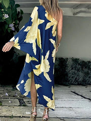 Boho Dress Midi Dress Black Yellow Light Green Sleeveless Floral Patchwork Summer Spring One Shoulder Vacation Winter Dress Fall Dress S M L XL XXL 3XL for Women
