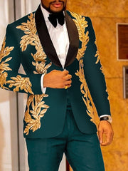 Burgundy Men's Party Prom Sequin Disco Sparkly Tuxedos 2 Piece Shawl Collar Floral Print Standard Fit Single Breasted One-button