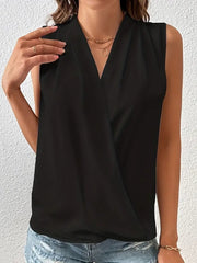 Blouse Pleated Wrap Satin Solid / Plain Color Basic Casual V Neck Sleeveless Summer Black White for Women